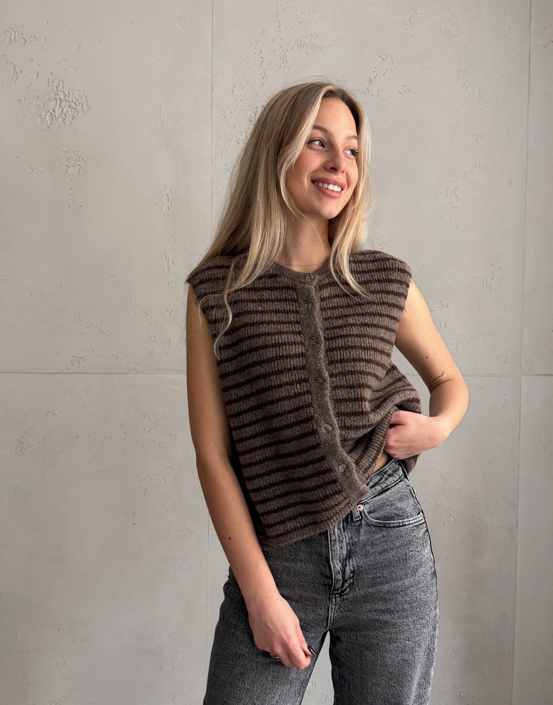 Lovett - Striped Knitted Vest with Button Placket