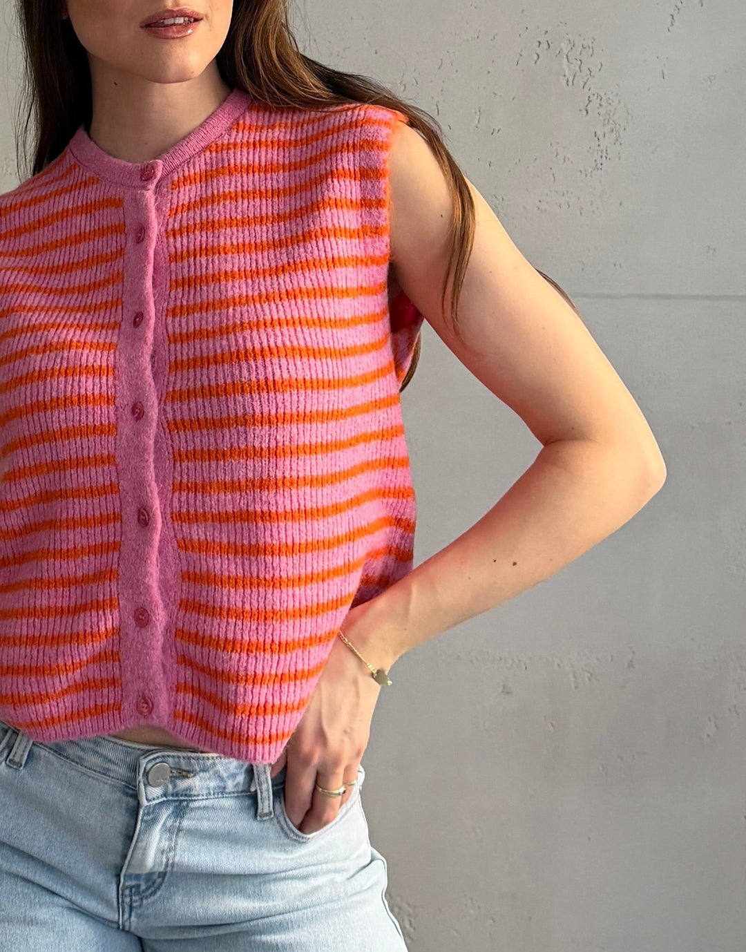 Lovett - Striped Knitted Vest with Button Placket