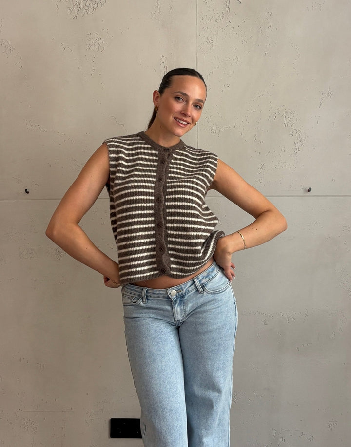 Lovett - Striped Knitted Vest with Button Placket