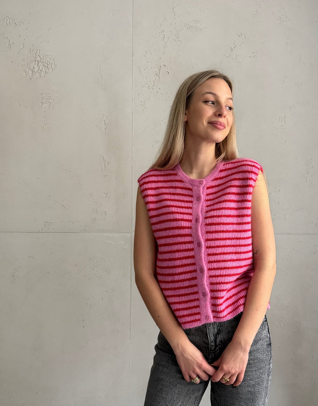 Lovett - Striped Knitted Vest with Button Placket