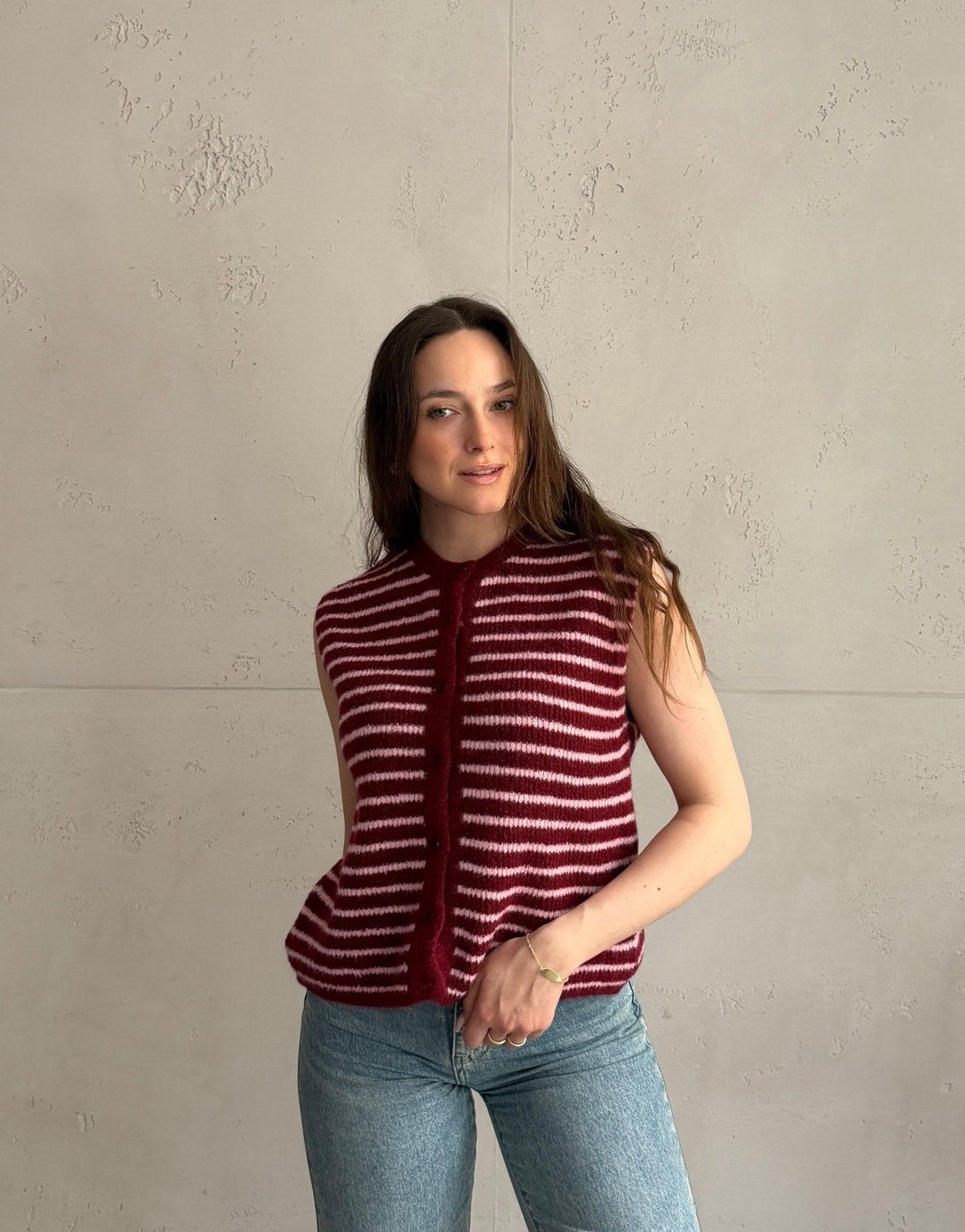 Lovett - Striped Knitted Vest with Button Placket