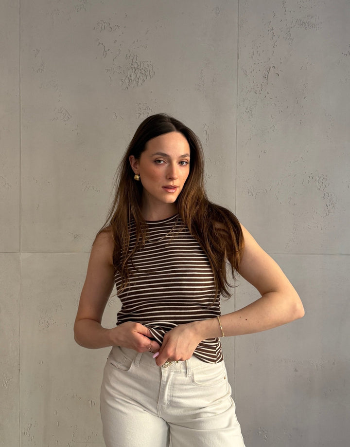 Mona - Striped ribbed cotton top with round neck