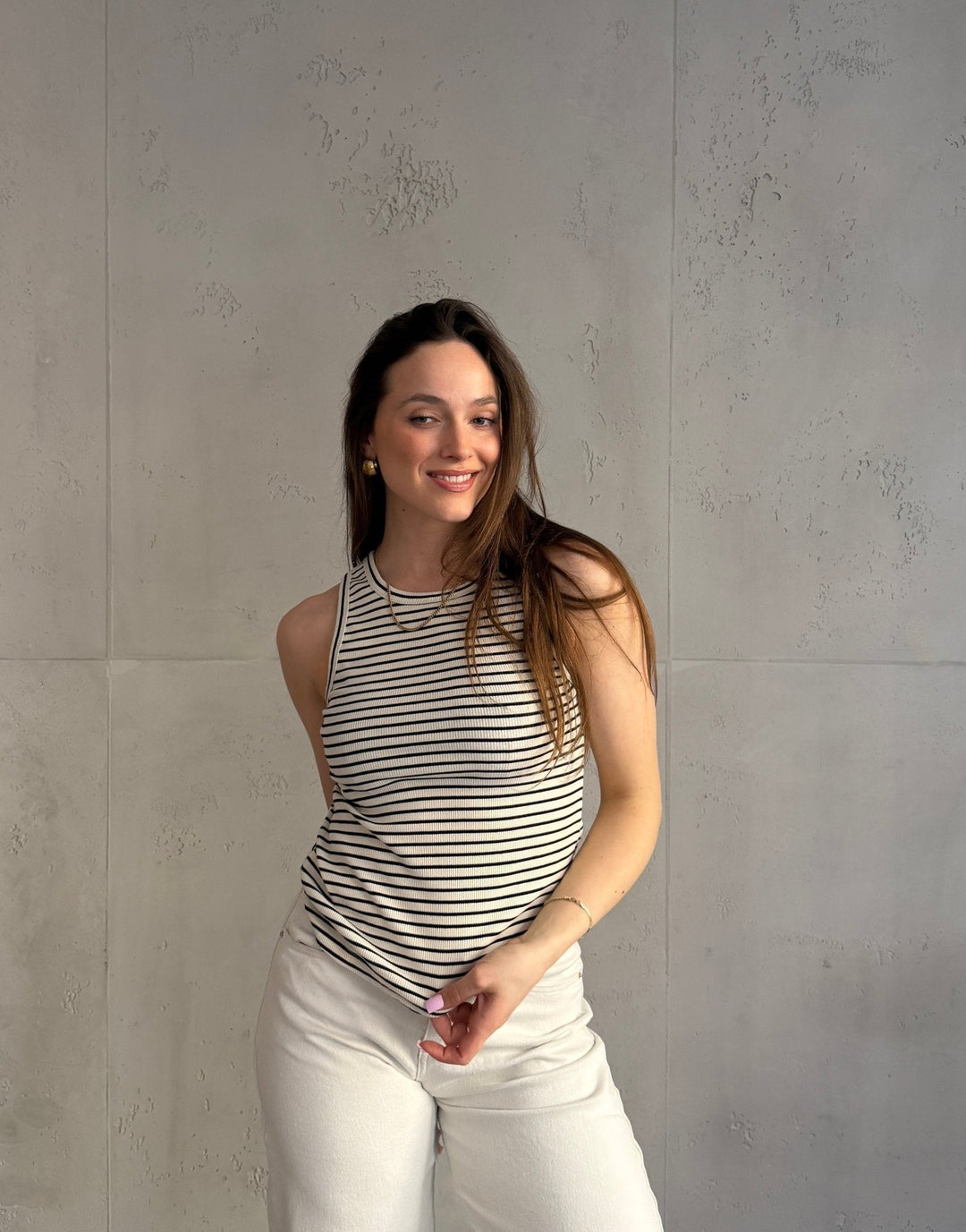 Mona - Striped ribbed cotton top with round neck