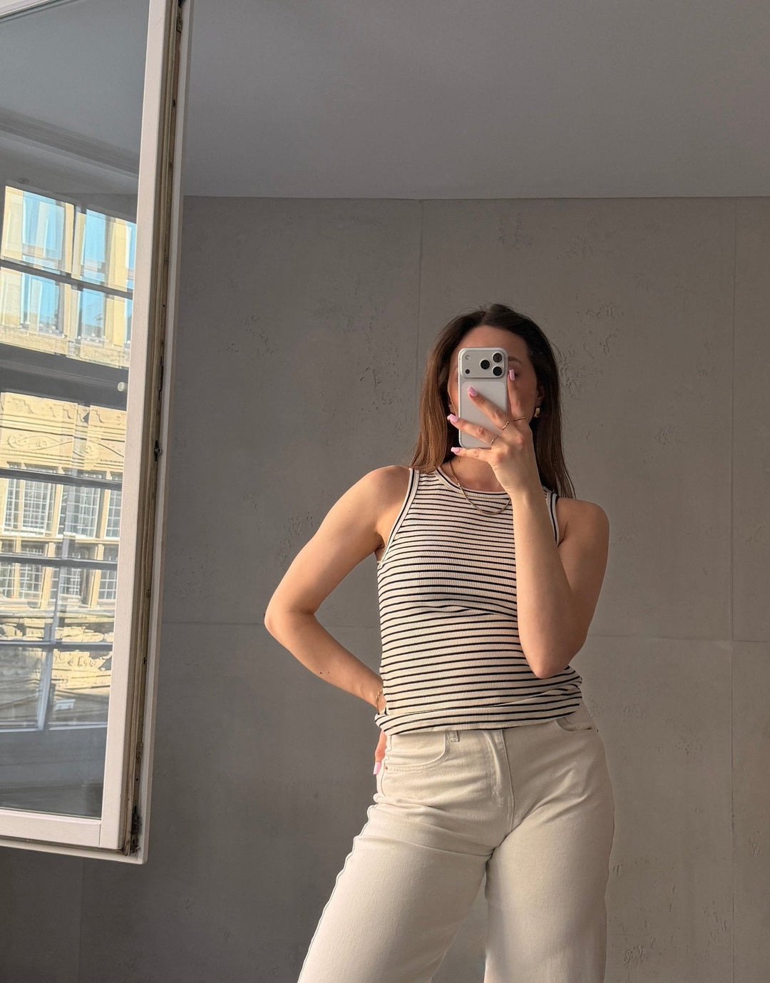 Mona - Striped ribbed cotton top with round neck