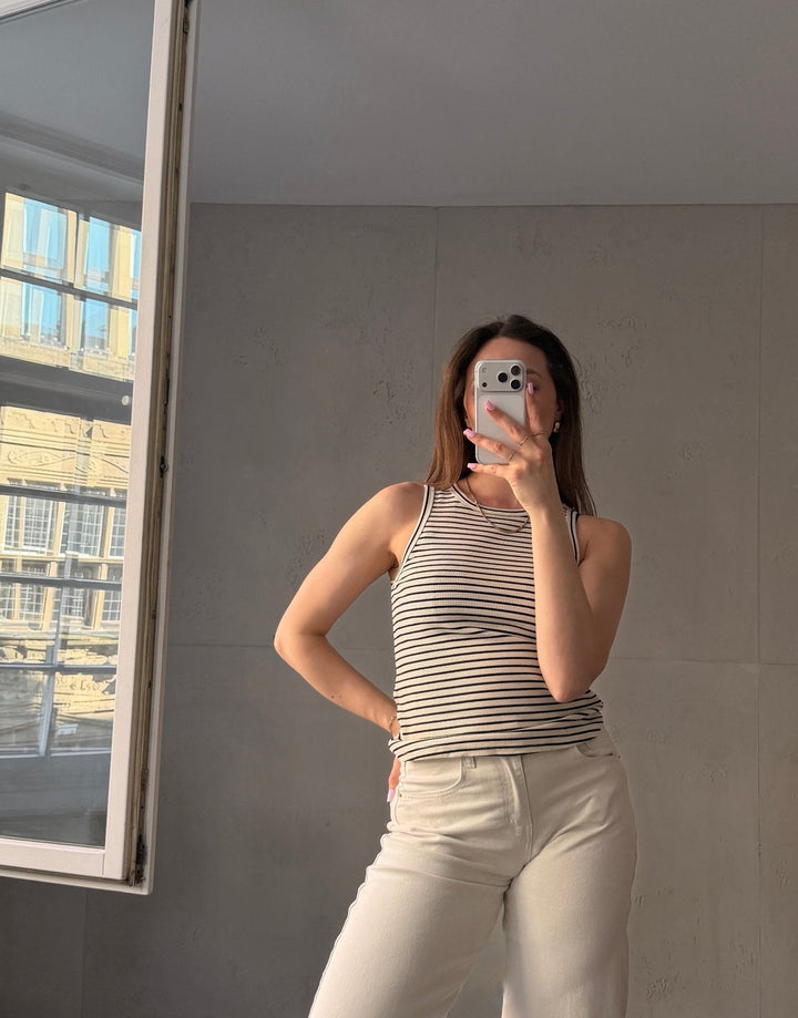 Mona - Striped ribbed cotton top with round neck