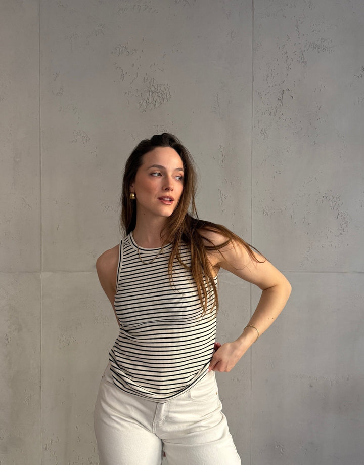 Mona - Striped ribbed cotton top with round neck