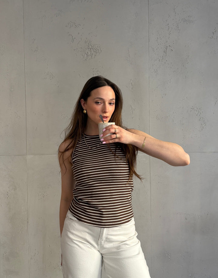 Mona - Striped ribbed cotton top with round neck