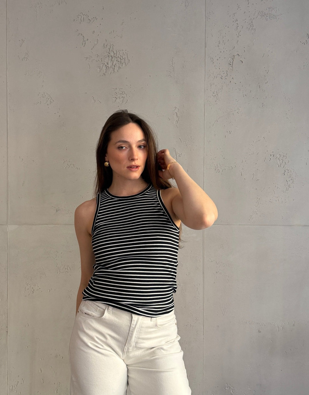 Mona - Striped ribbed cotton top with round neck