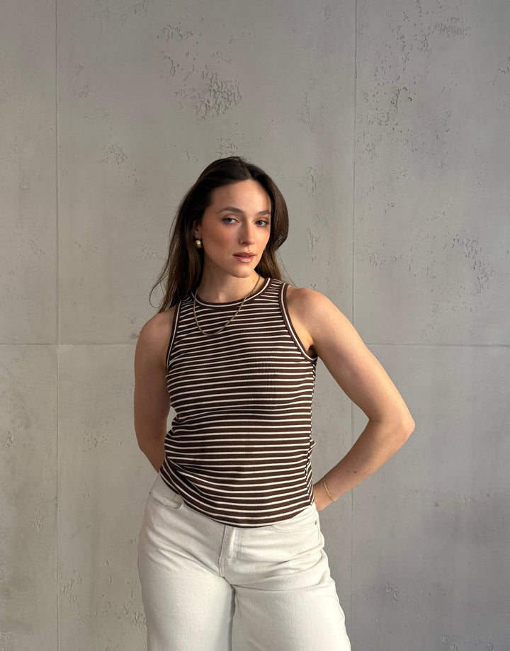 Mona - Striped ribbed cotton top with round neck