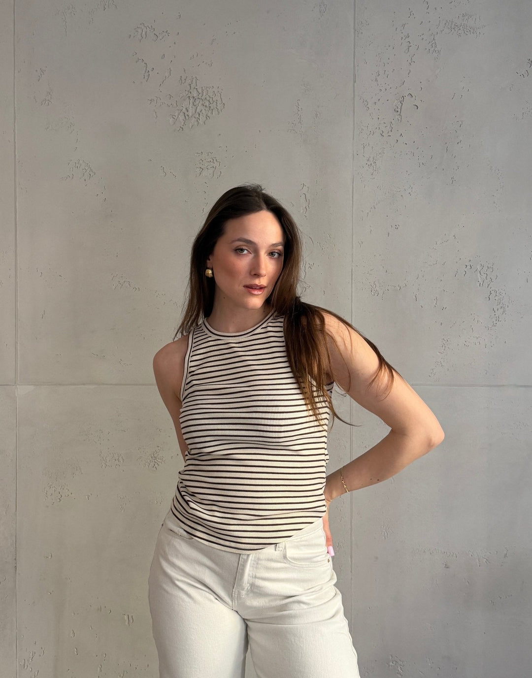 Mona - Striped ribbed cotton top with round neck