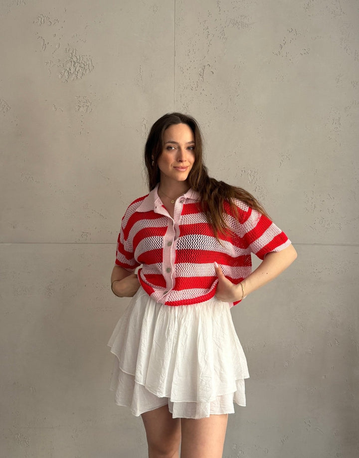 Towler - Crochet polo shirt with openwork design & block stripes – 100% cotton