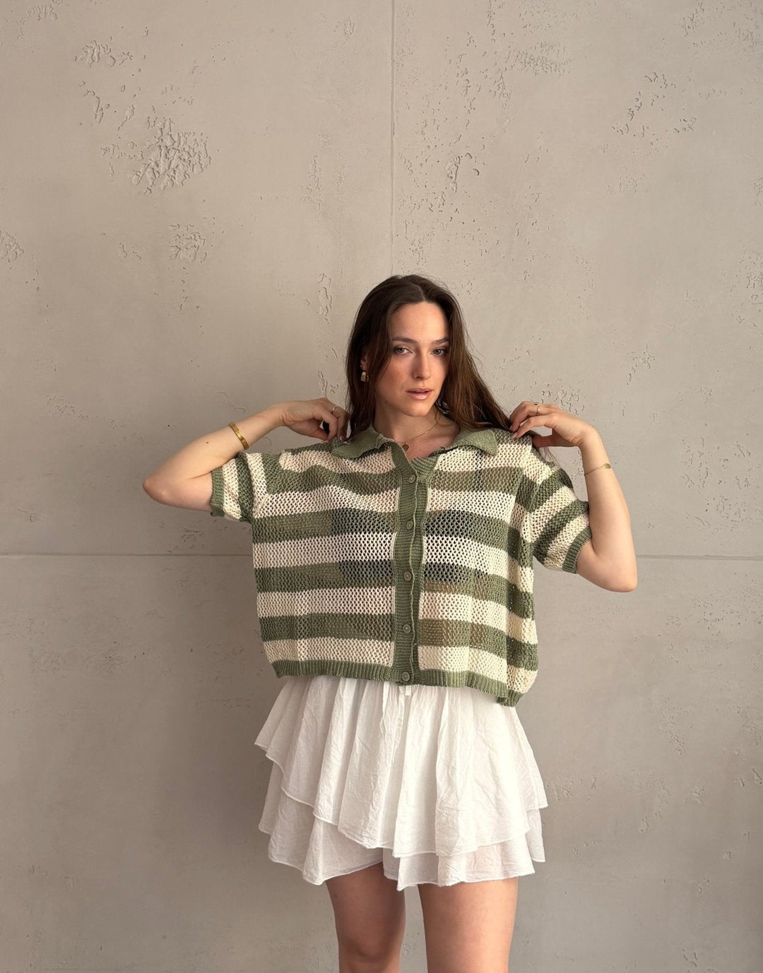 Towler - Crochet polo shirt with openwork design & block stripes – 100% cotton