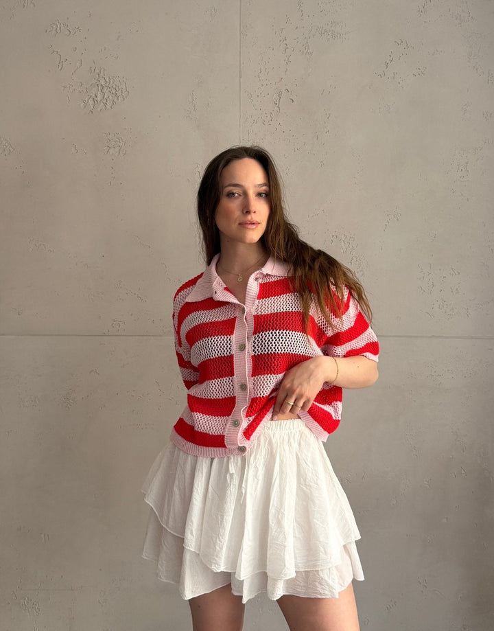 Towler - Crochet polo shirt with openwork design & block stripes – 100% cotton