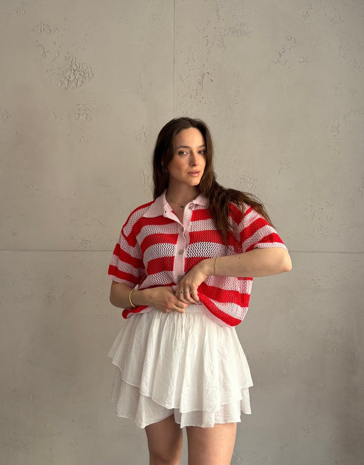 Towler - Crochet polo shirt with openwork design & block stripes – 100% cotton