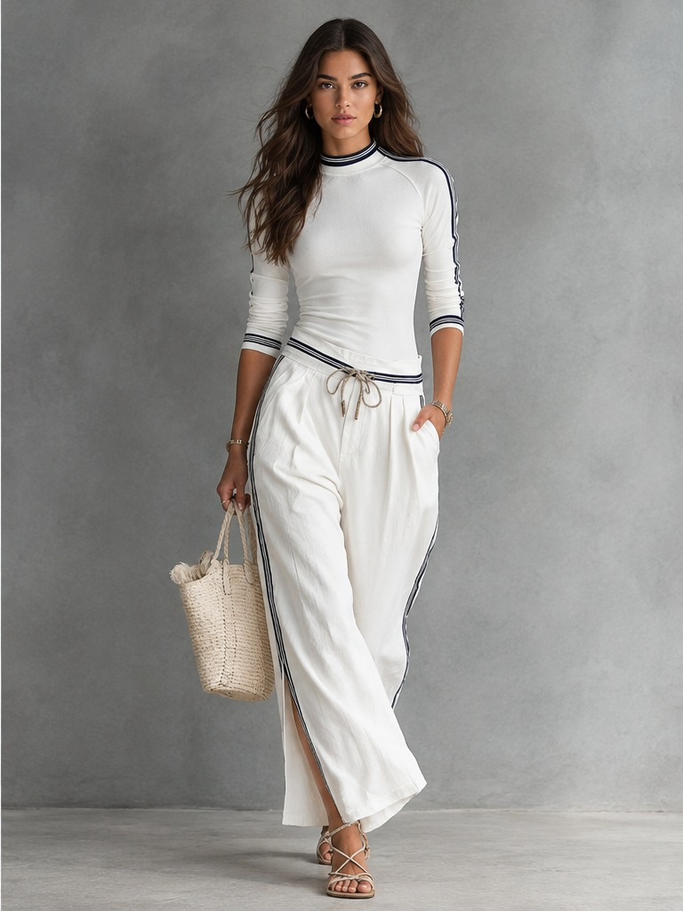 Casual Half-High-Neck Long-Sleeve Top & Wide-Leg Pants Set