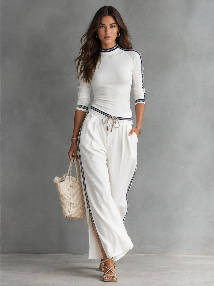 Casual Half-High-Neck Long-Sleeve Top & Wide-Leg Pants Set