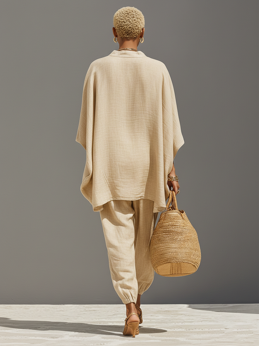 Women's Neutral Linen Set With Asymmetric Hem & Minimalist Design, Sophisticated Daily-Casual Style Set MDZ0501B3I
