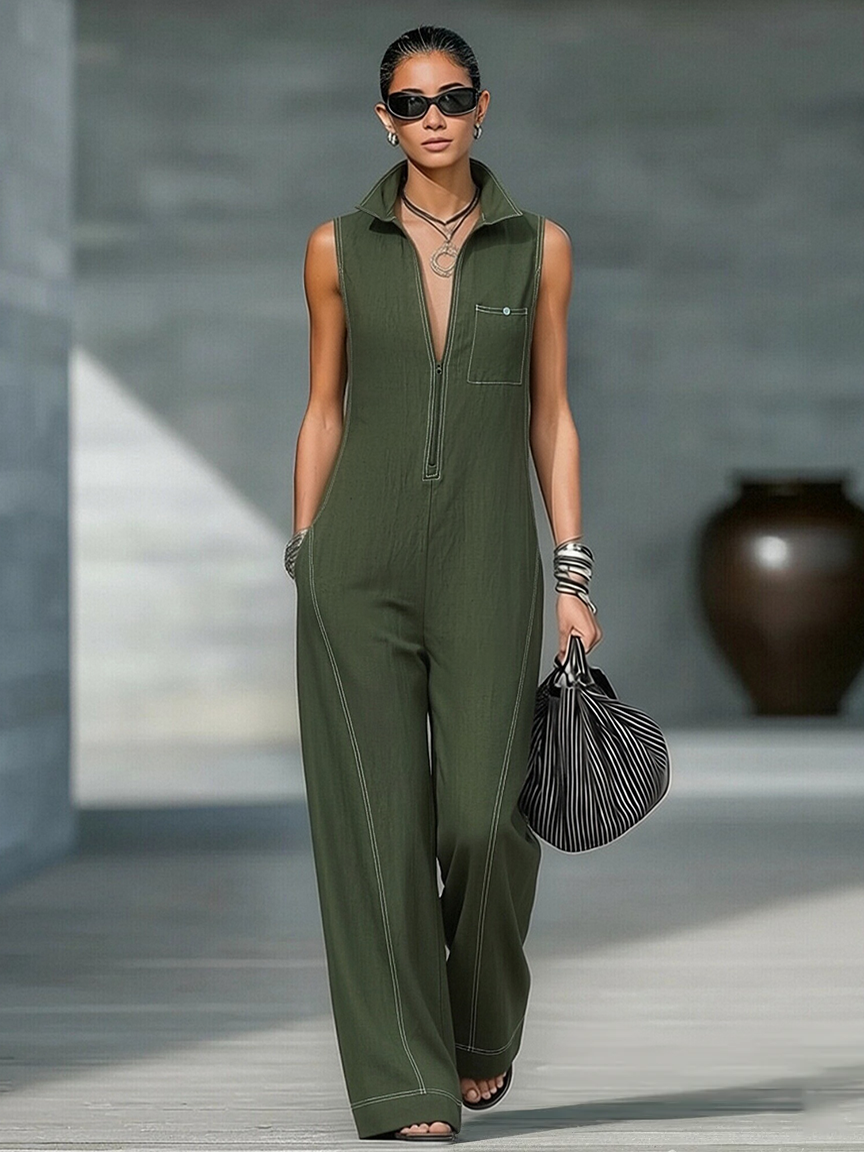Women's Minimalist Loose-fitting White Trim Sleeveless Jumpsuit MDA3086L9Y