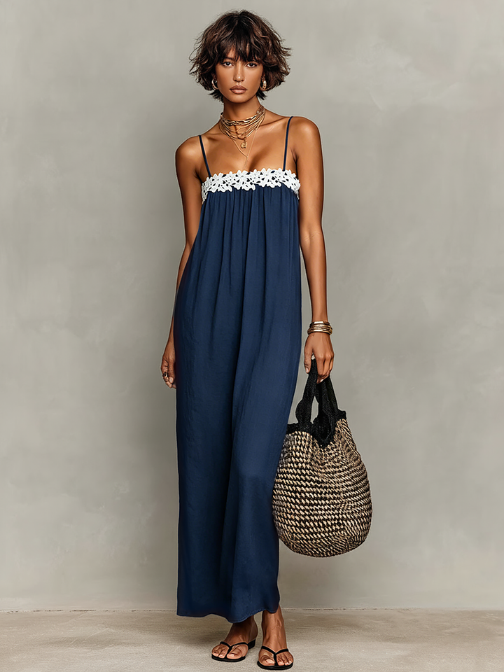 Women's Minimalist Linen-Blend Lace-Paneled Strapless With Spaghetti Straps Maxi Dress MDZ1926C9Y