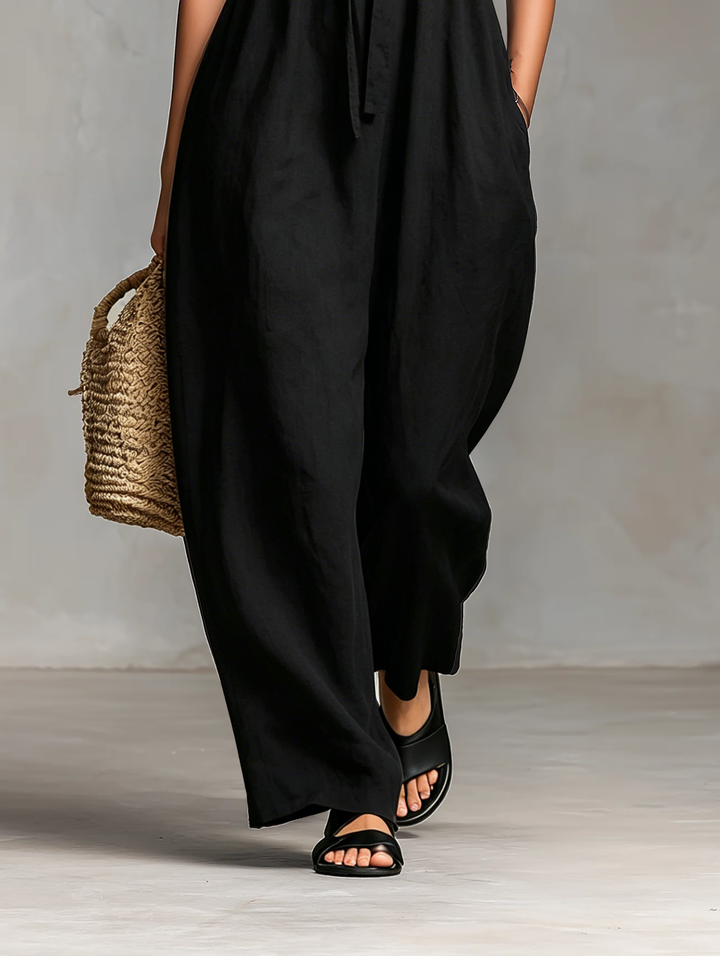 Women's Minimalist Loose-fitting Linen Blend Strapless Jumpsuit With Tie Closure MDZ2024A9Y