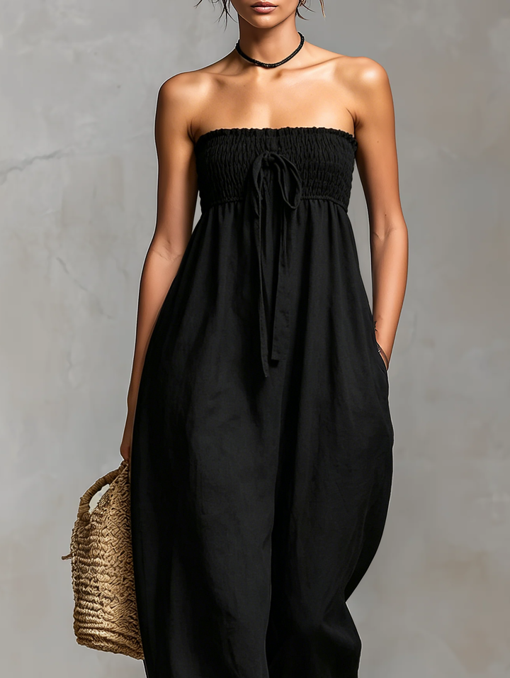 Women's Minimalist Loose-fitting Linen Blend Strapless Jumpsuit With Tie Closure MDZ2024A9Y
