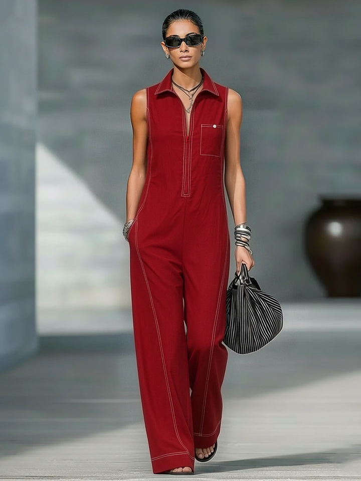 Women's Minimalist Loose-fitting White Trim Sleeveless Jumpsuit MDA3086L9Y