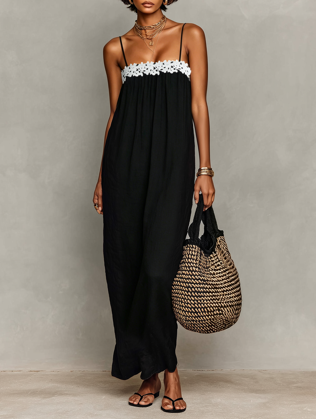 Women's Minimalist Linen-Blend Lace-Paneled Strapless With Spaghetti Straps Maxi Dress MDZ1926C9Y