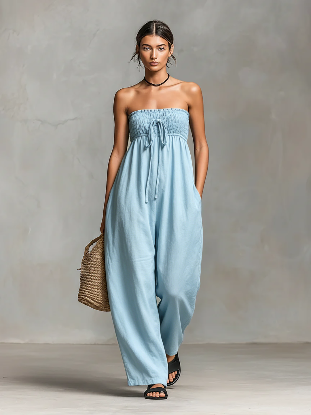 Women's Minimalist Loose-fitting Linen Blend Strapless Jumpsuit With Tie Closure MDZ2024A9Y