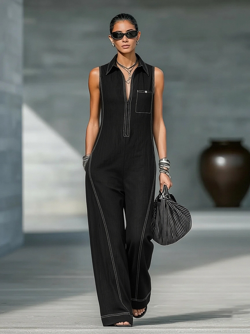 Women's Minimalist Loose-fitting White Trim Sleeveless Jumpsuit MDA3086L9Y