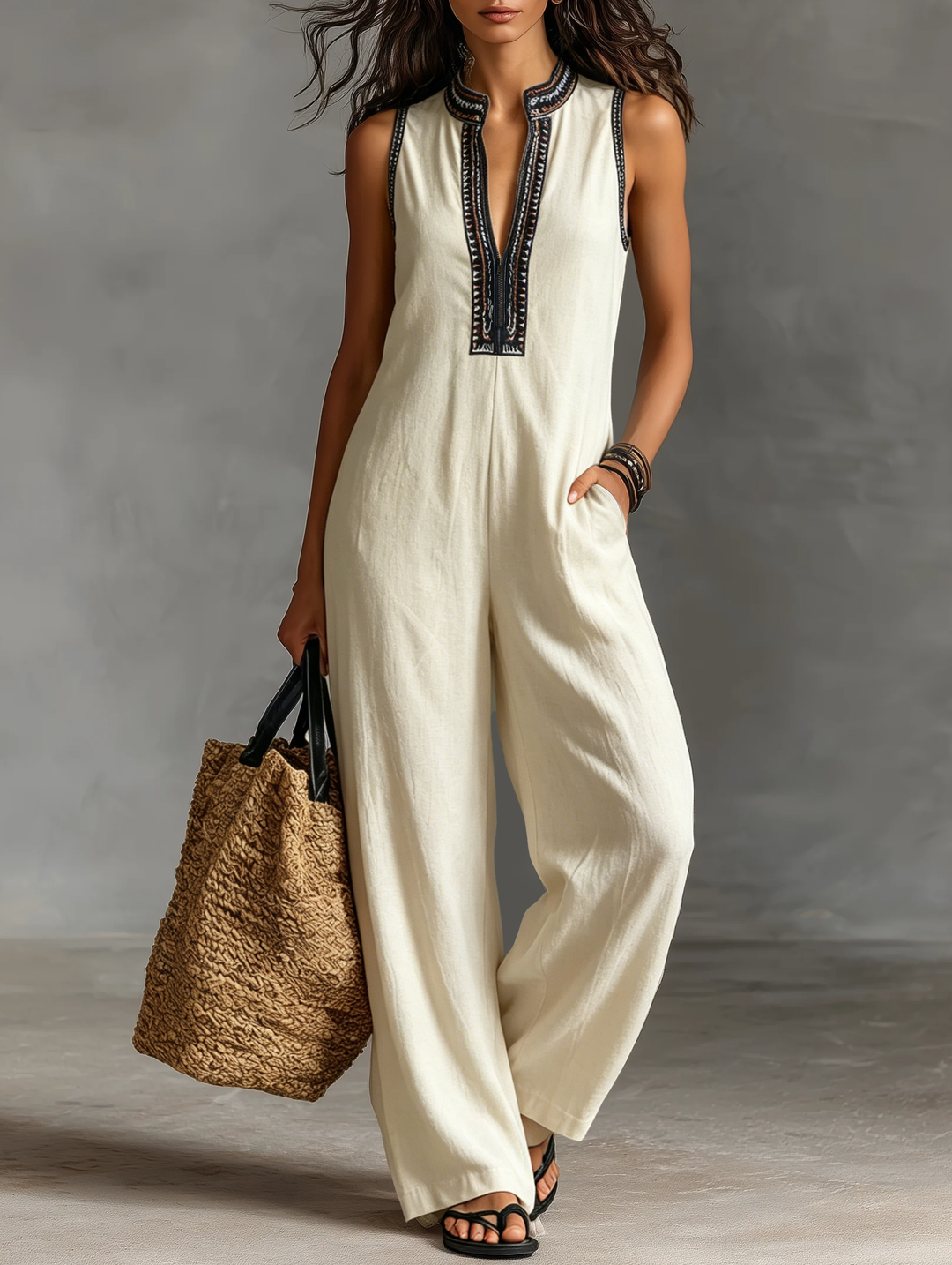 Women's Minimalist Linen Blend Sleeveless Jumpsuit With Zipper And Stand Collar, Featuring Embroidery MDZ0627B3Y