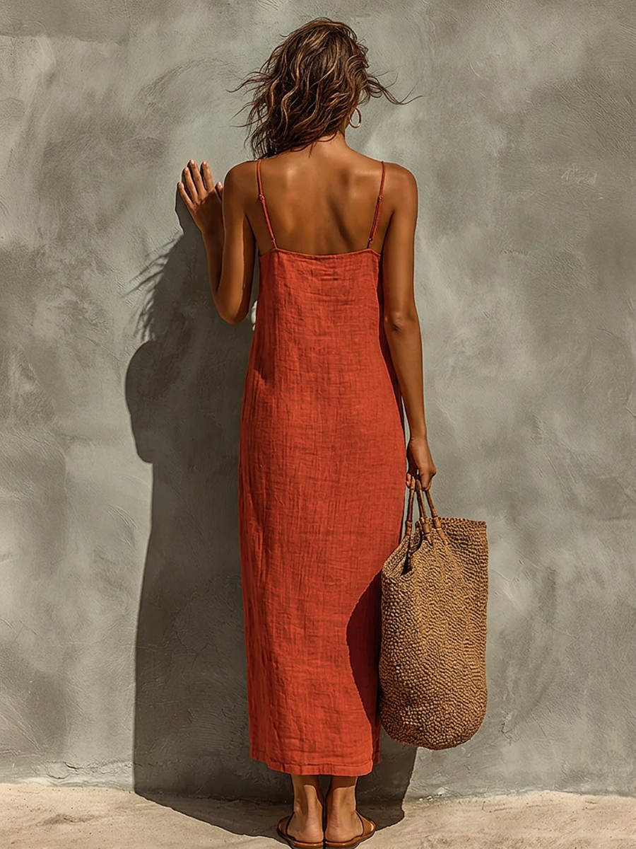 Women's Red Cotton Dress With Spaghetti Straps & Square Neck, Timeless Boho-Resort Style Dress MDZ0924C3I