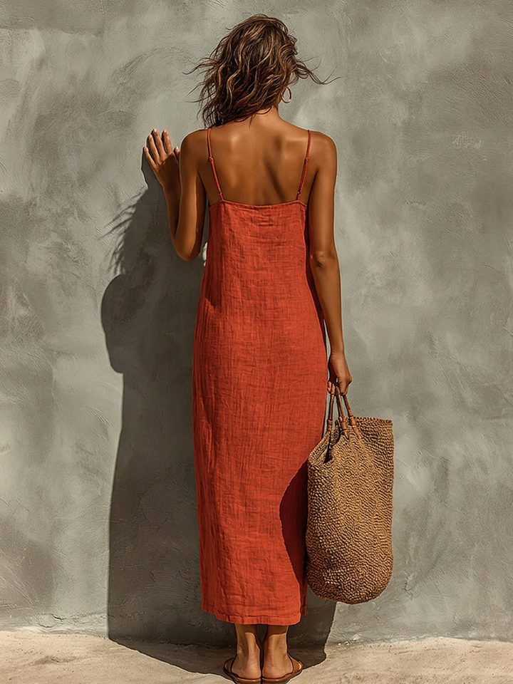 Women's Red Cotton Dress With Spaghetti Straps & Square Neck, Timeless Boho-Resort Style Dress MDZ0924C3I