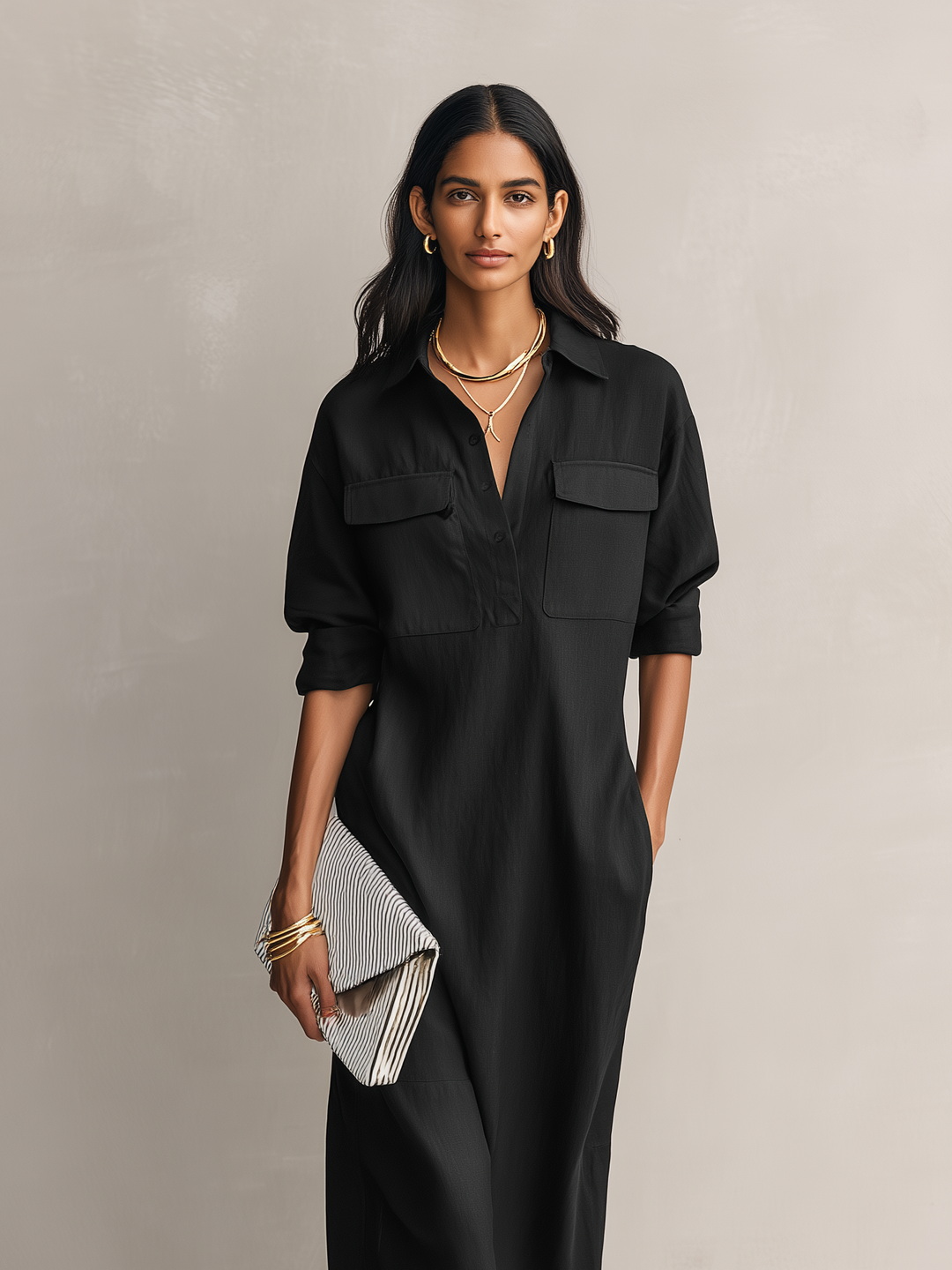 Women's Elegant Black Cotton-linen Blend Shirt Collar Short-sleeved Midi Dress MDZ0455C2AN