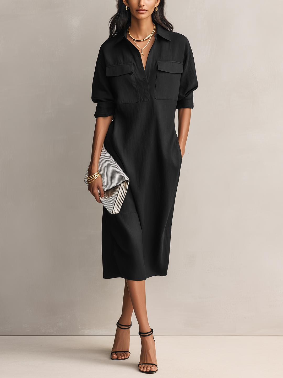 Women's Elegant Black Cotton-linen Blend Shirt Collar Short-sleeved Midi Dress MDZ0455C2AN