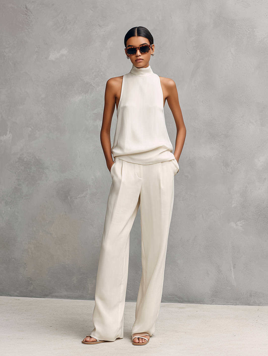 Women's Elegant Black Cotton And Linen Round-neck Sleeveless Top And Trousers Set MDZ1441A4AN