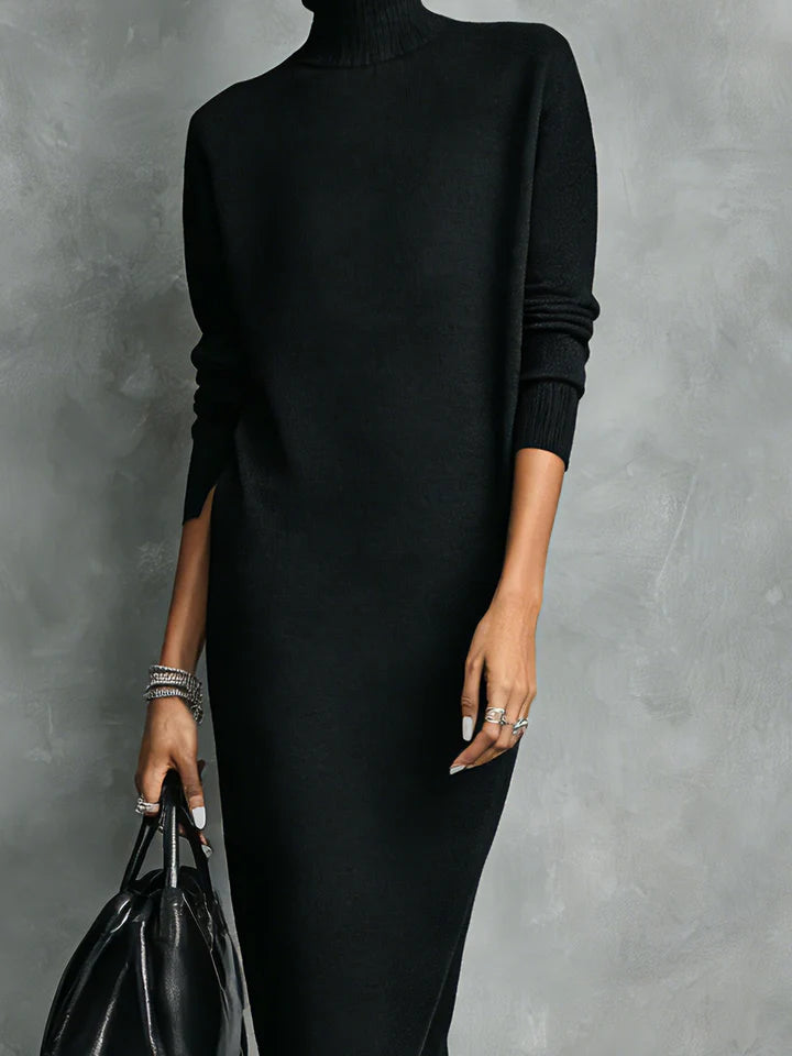 Chic Black Turtleneck Knit Midi Dress - Long Sleeve & Relaxed Fit