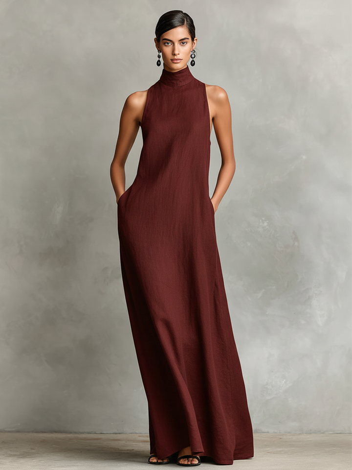 Women's Black Linen-Blend Maxi Dress With High Neck & Side Pockets, Timeless Minimalist Casual Dress MDZ2597D7LYL