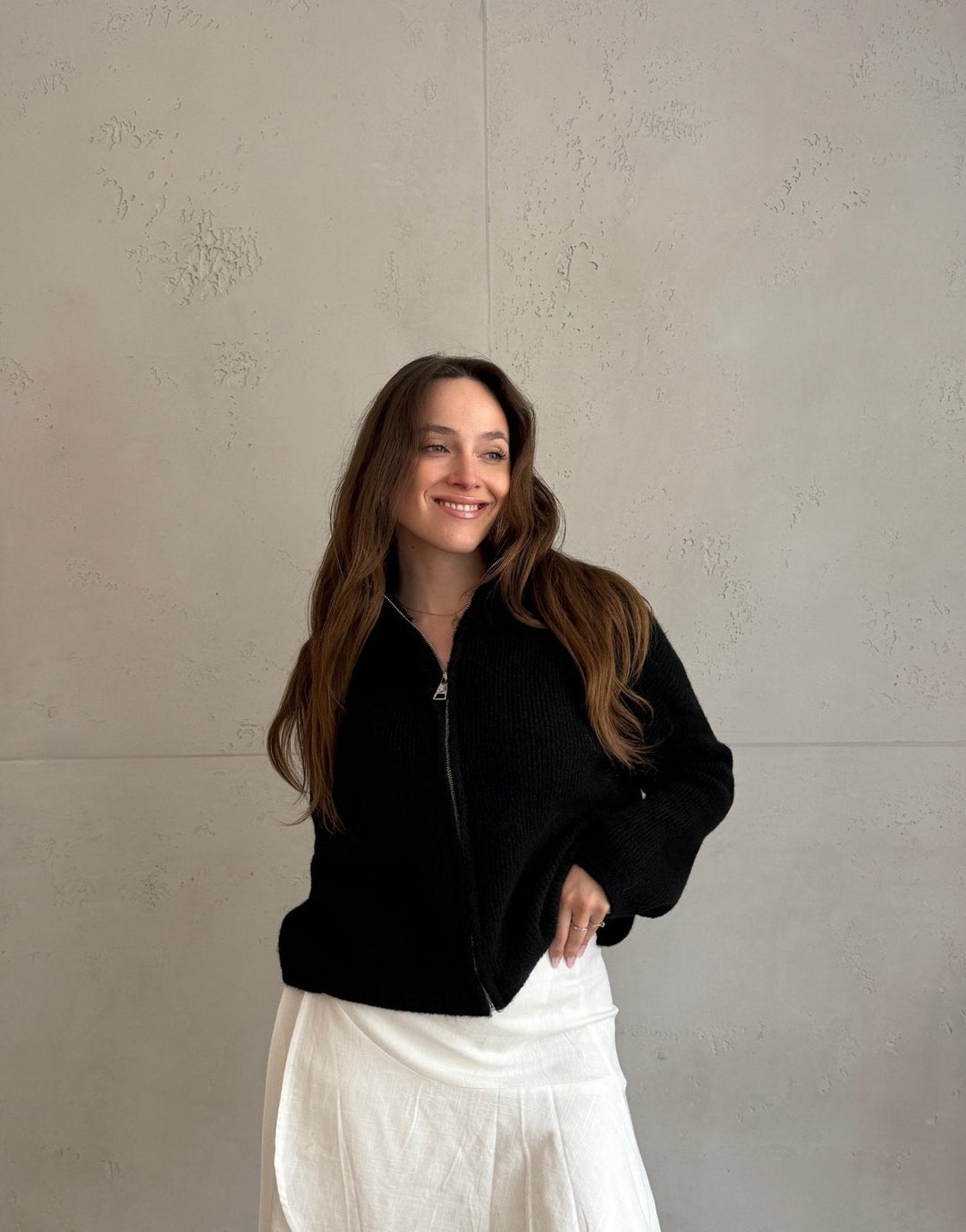 Salvation - Uni” cardigan with zipper and stand-up collar