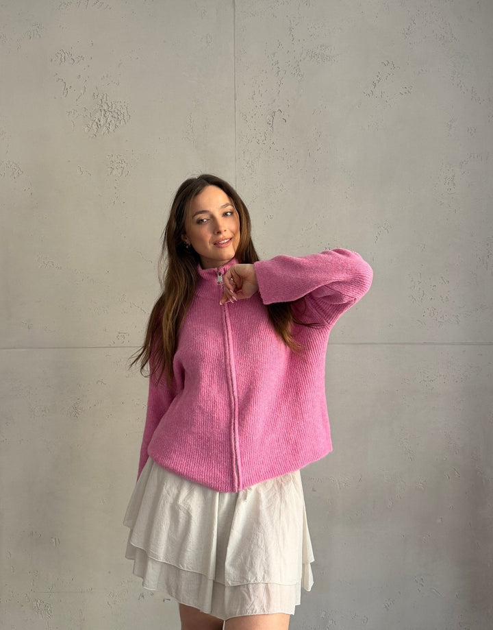 Salvation - Uni” cardigan with zipper and stand-up collar
