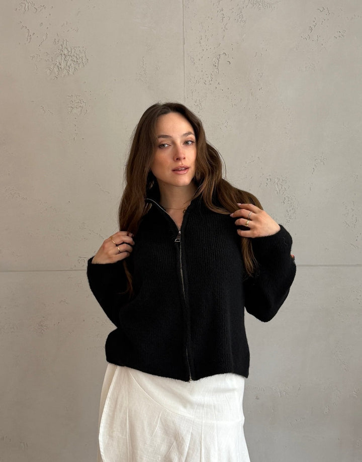Salvation - Uni” cardigan with zipper and stand-up collar