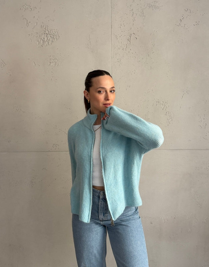 Salvation - Uni” cardigan with zipper and stand-up collar