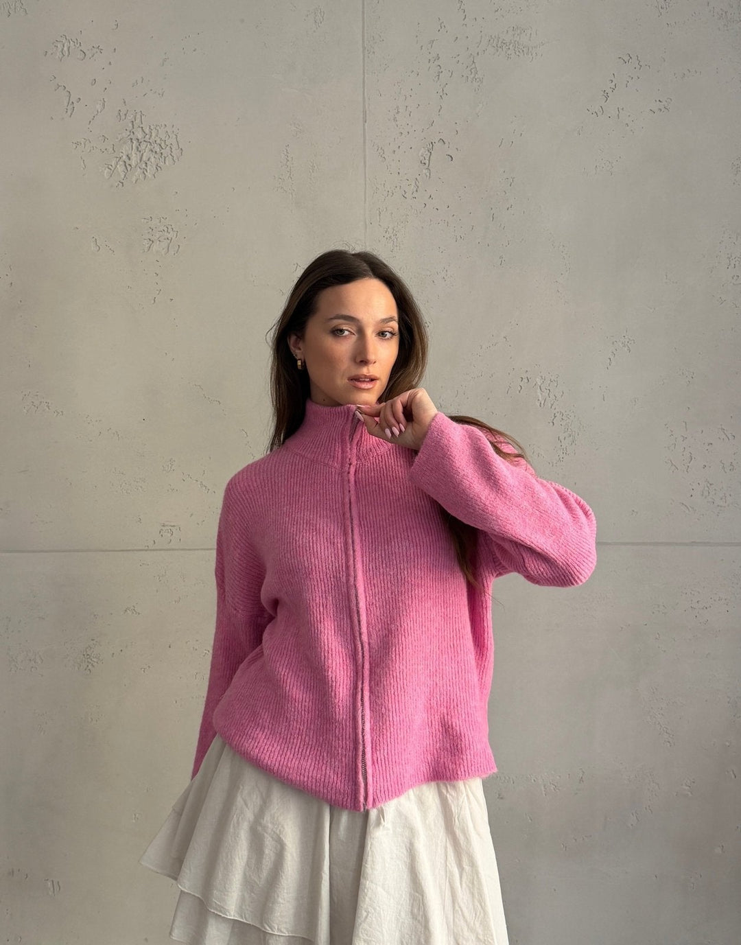 Salvation - Uni” cardigan with zipper and stand-up collar
