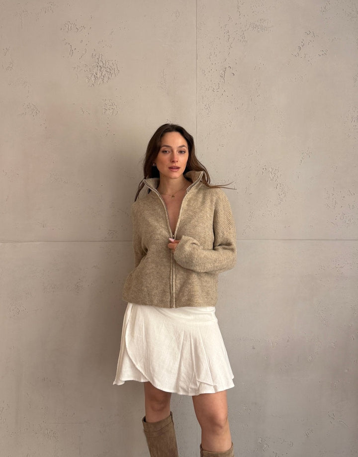 Salvation - Uni” cardigan with zipper and stand-up collar